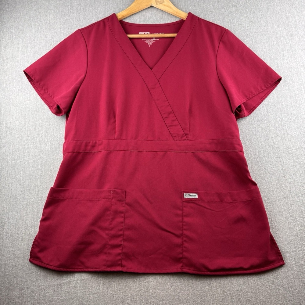 Grey's Anatomy Scrub Top Women's Large Burgundy Maroon Mock Wrap Medical Uniform